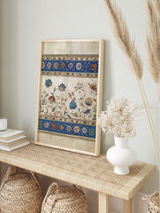 Mughal floral wall art print with intricate botanical design and blue decorative borders on an aged background. - Image 3
