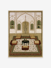 Mughal interior miniature painting with floor cushions, a central table, and floral arched wall niches