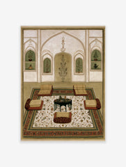 Mughal interior miniature painting with floor cushions, a central table, and floral arched wall niches