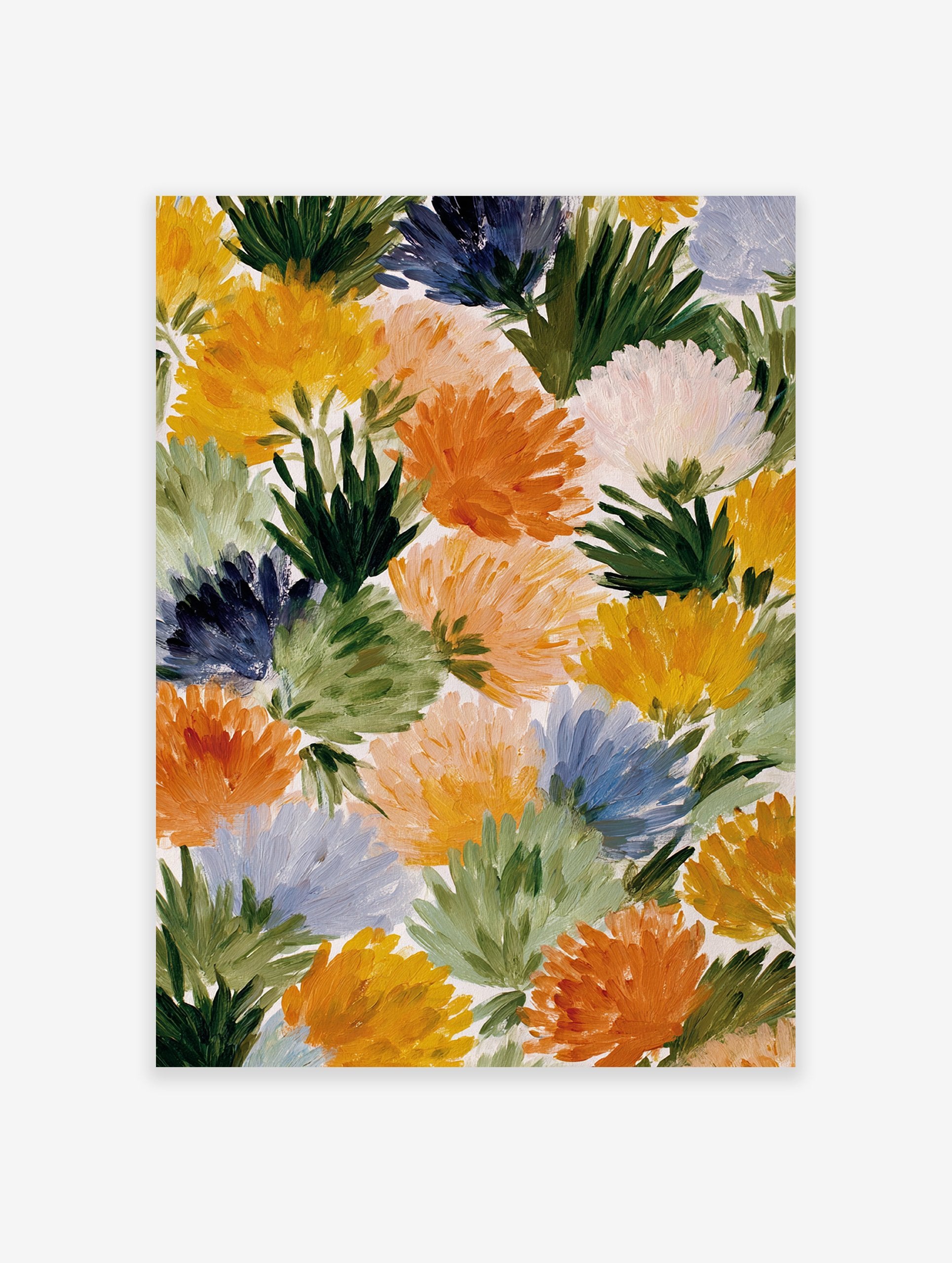 Multi-color abstract flower wall art painting with expressive brushstrokes, featuring yellow, orange, blue, and green blooms.