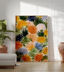 Multi-color abstract flower wall art painting with expressive brushstrokes, featuring yellow, orange, blue, and green blooms. - Image 3