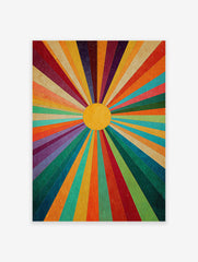 Multi-color sunburst radial pattern wall art with a yellow center and textured, retro abstract design.