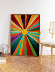 Multi-color sunburst radial pattern wall art with a yellow center and textured, retro abstract design. - Image 2
