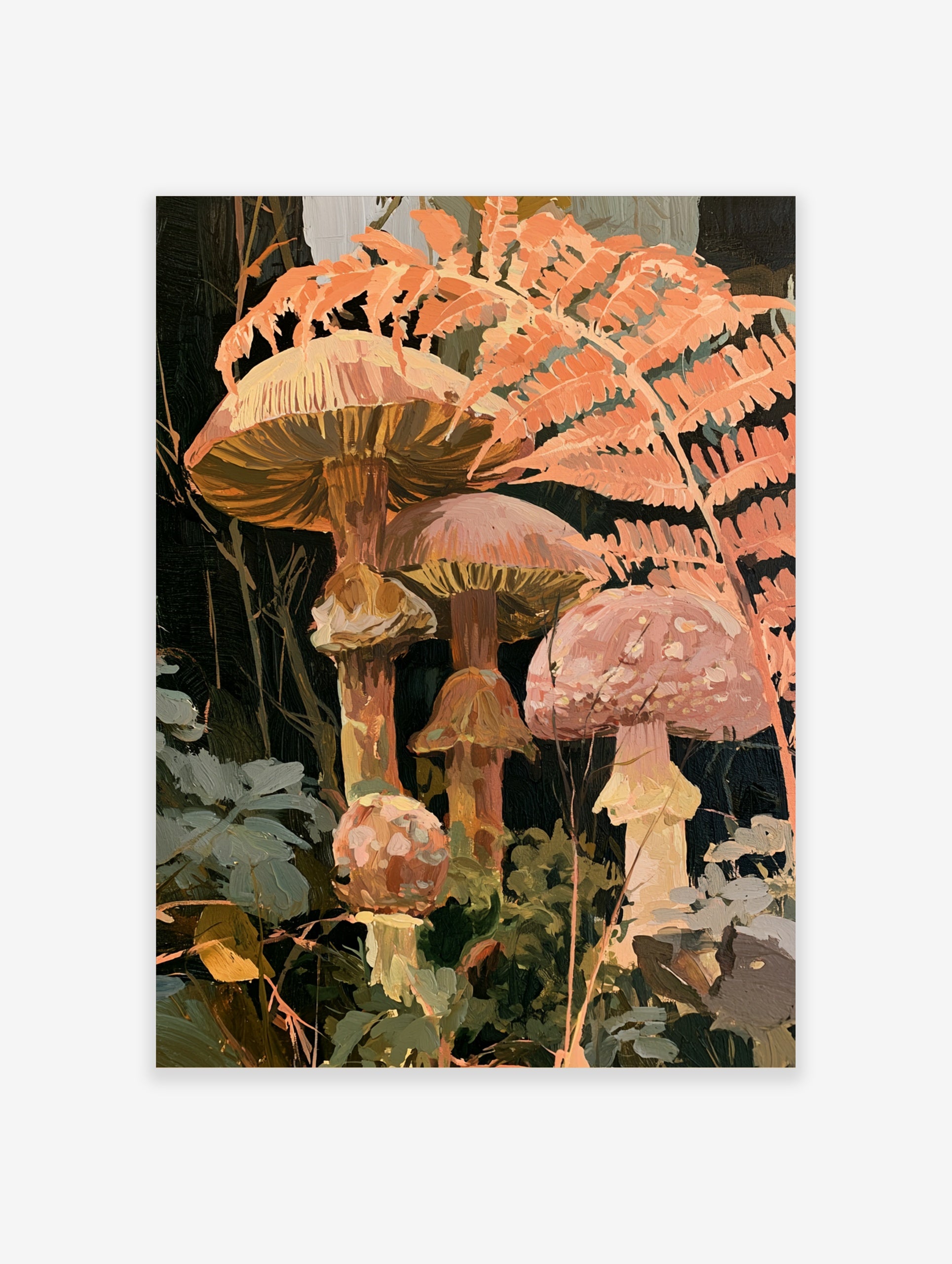 Botanical art print of forest mushrooms and fern fronds in warm orange and terracotta colours on a dark background