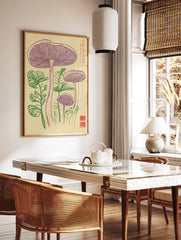 Mushroom botanical poster featuring purple fungi and green plants in a detailed line art illustration on a beige background. - Image 2