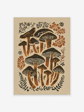 Mushroom botanical woodcut art print with fungi and ferns in earthy black, brown, and beige tones