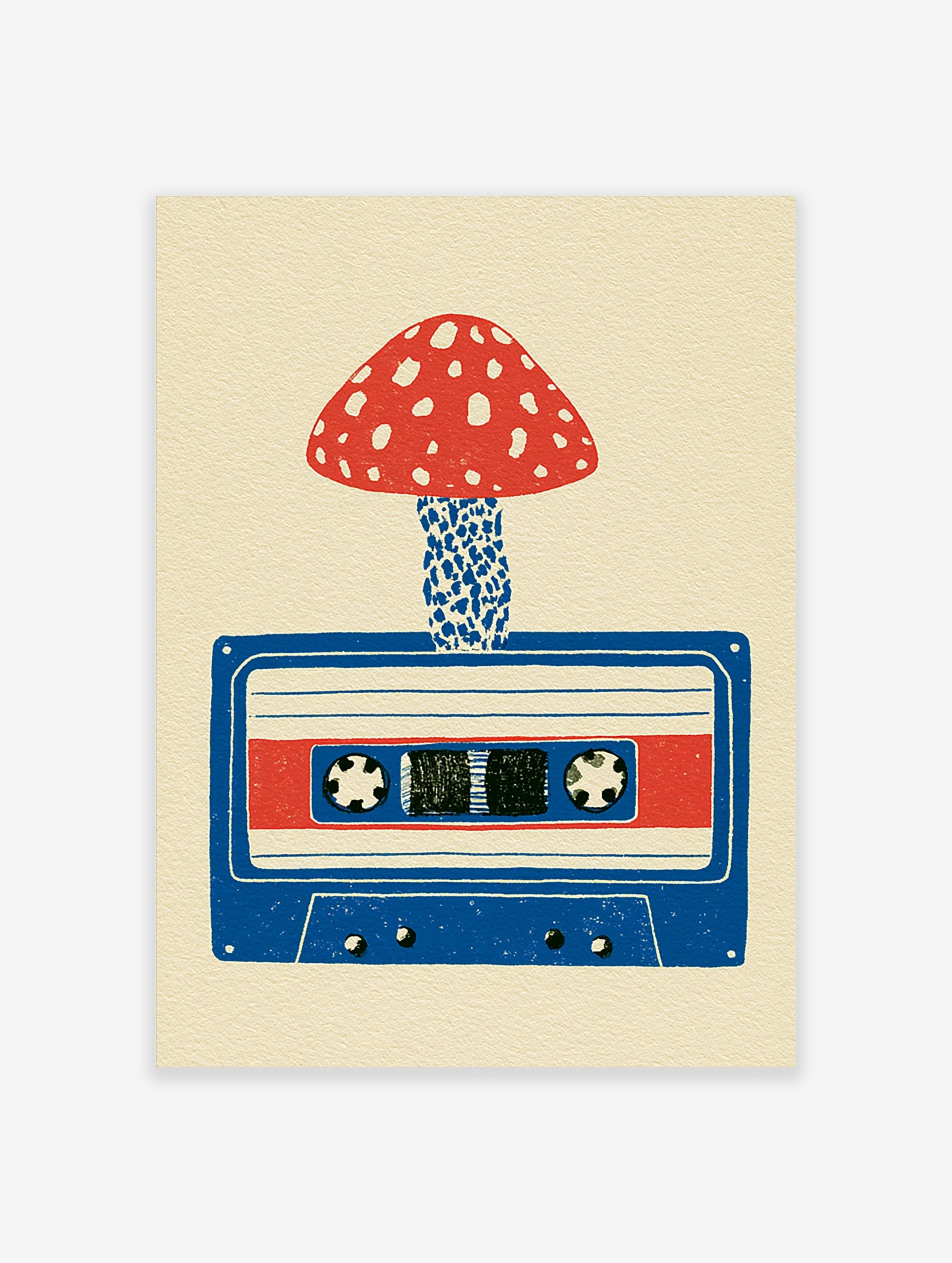 Illustrative art print of a red spotted mushroom growing from a blue cassette tape on a cream background