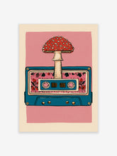 Retro cassette tape illustration with a red mushroom and floral pattern on a pink background, illustrative wall art