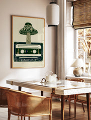 Mushroom sprouting from a retro cassette tape, illustrative art print in green and cream, in a styled room mockup