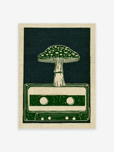 Illustrative art print of a mushroom growing out of a retro cassette tape in green and off-white