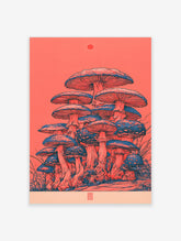 Mushroom cluster illustration with red and blue caps, red sun, coral background