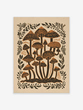 Illustrative mushroom forest art print with dark fungi and orange gills, framed by leafy botanical elements