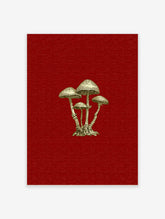 Vintage mushroom illustration print with detailed fungi on deep red background
