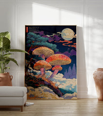 Japanese ukiyo-e style poster of vibrant orange mushrooms under a starry night sky with a full moon and pine trees. - Image 3