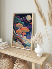 Japanese ukiyo-e style poster of vibrant orange mushrooms under a starry night sky with a full moon and pine trees. - Image 4