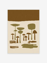 Olive and brown mushroom art print with stylised forest fungi on cream background
