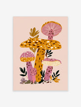 Colourful mushroom illustration with orange and pink fungi, spotted caps, and green leaves on a pink background