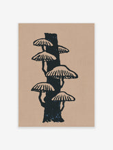 Black and beige mushroom illustration on a tree trunk, unframed paper print
