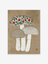 Illustrated mushroom art print with floral, speckled, and grid-patterned caps on a tan background