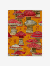 Vibrant red mushroom wall art with intricate tribal patterns on caps and stems, set against a warm orange background.