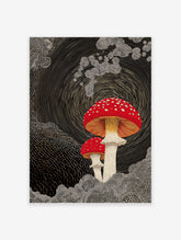 Red and white spotted mushroom wall art illustration on a black background with swirling lines and dotted patterns.