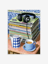 Music and coffee illustration with vinyl records, headphones, blue teacup, and checkered teapot on a table.