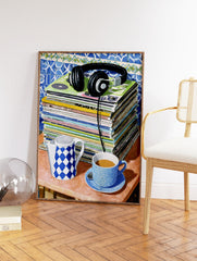 Music and coffee illustration with vinyl records, headphones, blue teacup, and checkered teapot on a table. - Image 2