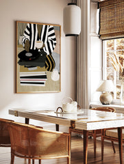 Illustration of a person in striped clothing using a vinyl record player with a cup and records on, in a styled room mockup