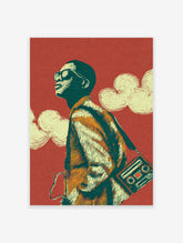 Illustrated retro music poster of a man in sunglasses carrying a boombox against a red background with clouds.