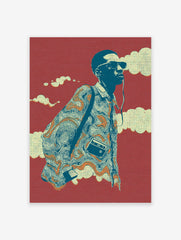Illustrative retro music poster of a man with sunglasses, headphones, and a cassette player on a red background.
