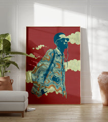 Illustrative retro music poster of a man with sunglasses, headphones, and a cassette player on a red background. - Image 3