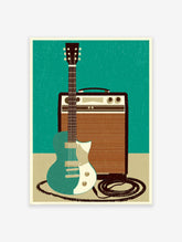 Retro illustration of a teal electric guitar leaning against a brown amplifier, perfect as an electric guitar print.