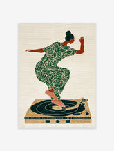 Illustrated music wall art print of a woman in a green leaf-patterned dress dancing on a turntable.