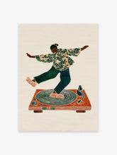 Illustrative music wall art print featuring a dancer in green and orange patterned clothing on a brown turntable.
