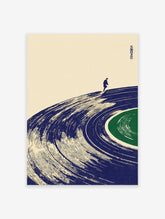 Japanese style illustration of a person walking on a blue vinyl record with a green label, cream background. Music wall art.