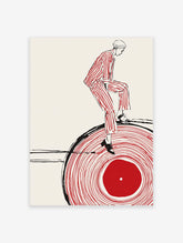 Illustrated wall art of a person in red and white stripes balancing on a large red vinyl record with black outlines.