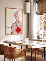 Illustrated wall art of a person in red and white stripes balancing on a large red vinyl record with black outlines. - Image 2