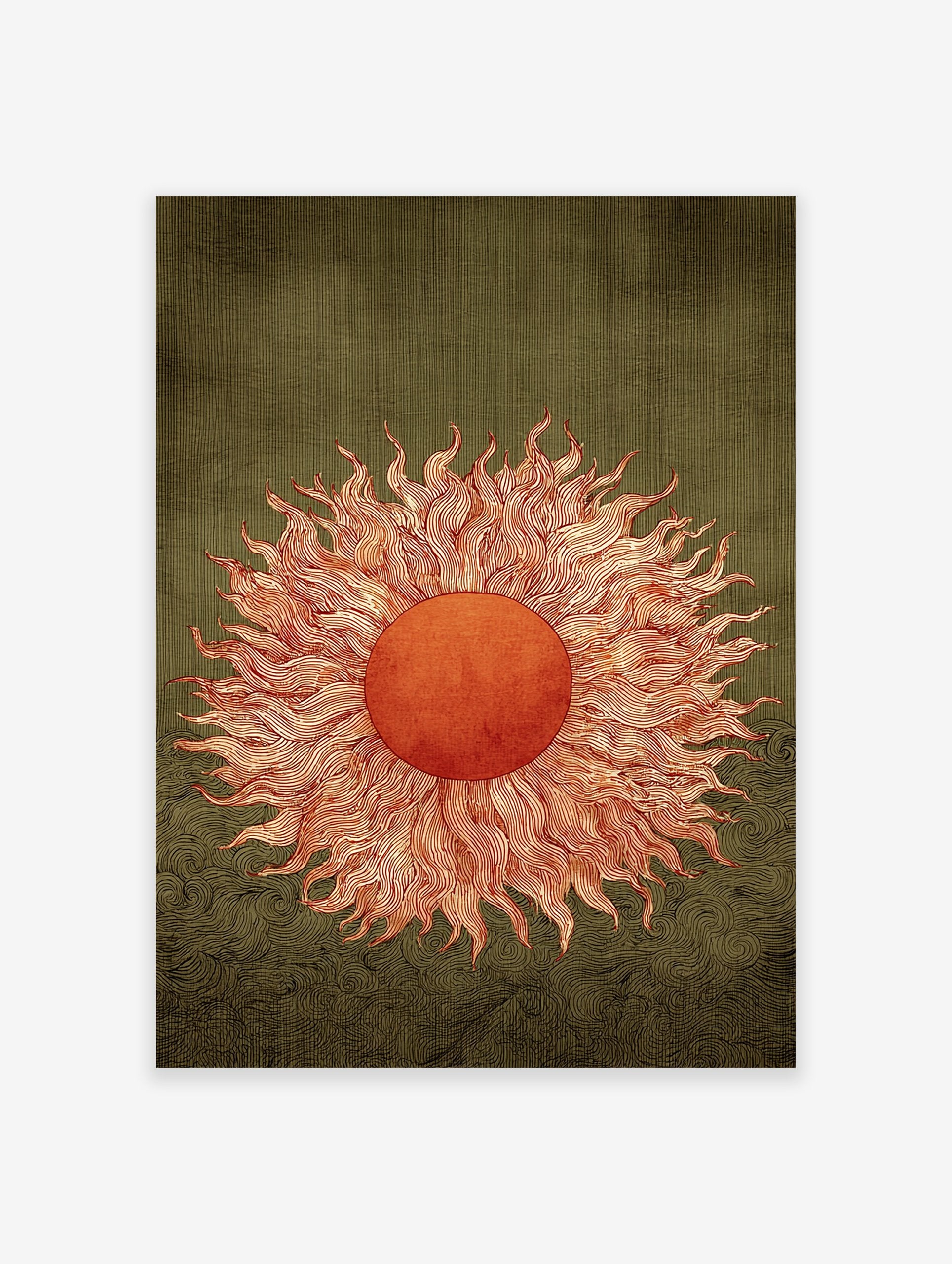 Mystic sun art print with swirling orange rays on a textured dark green background with wavy patterns.