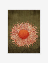 Mystic sun art print with swirling orange rays on a textured dark green background with wavy patterns.