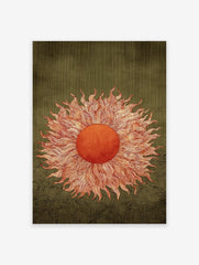 Mystic sun art print with swirling orange rays on a textured dark green background with wavy patterns.
