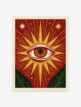 Mystical eye illustration with sunburst rays, stars, and green leaves on a red background, unframed paper wall art print