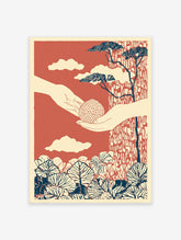Nature illustration print featuring two hands holding a dotted seed, with stylized trees, clouds, and leaves in terracotta, cream, and blue.