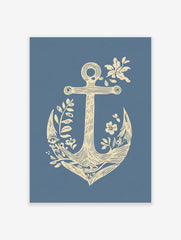 Cream anchor with botanical leaves and flowers on a blue background in an illustrative style