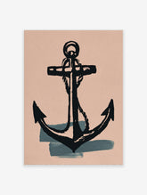 Black anchor with rope and teal shadow on beige background, nautical poster art
