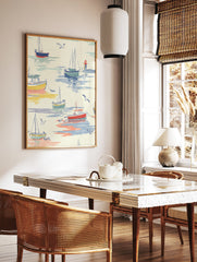 Coastal illustration wall art featuring colorful boats, seagulls, and a lighthouse on calm blue and cream water. - Image 3