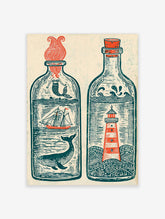 Nautical message in a bottle art print with mermaid, ship, whale and lighthouse in teal and orange