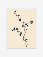 Navy blue blossom branch art print with dark flowers on cream background