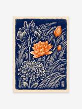 Navy blue linocut botanical poster with orange lotus, chrysanthemum, iris and tulip flowers