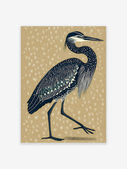 Illustrative navy heron bird print with white details on a textured beige background, portrait orientation