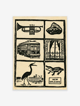 Monochrome woodcut-style New Orleans wall art showing a trumpet, streetcar, alligator, and heron in a six-panel grid
